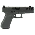 A full-size Glock 17 in grey with a ported black slide, slide cuts and a gold accent plate. The only duty-size pistol in the collection.