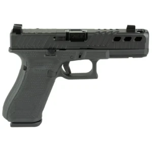A full-size Glock 17 in grey with a ported black slide, slide cuts and a gold accent plate. The only duty-size pistol in the collection.