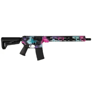 Pink, purple and teal faded into one another across the length of the rifle, with white outline work laid over the top. No two sections of the fade are the same.