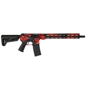 Heavy red over black, burned through at the high points so the black shows underneath, with white outlining on top. The most aggressive-looking finish in the line.
