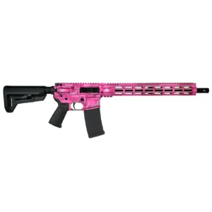 Full hot pink across receiver, handguard and rail, outlined in black and white. Not a pink accent on a black rifle, which is what most shops mean when they say they have one.