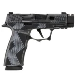 The Anime work applied to a Sig instead of a Glock, in black and grey with white outlining and a heavily engraved grip module. Ported slide and fibre optic front sight.