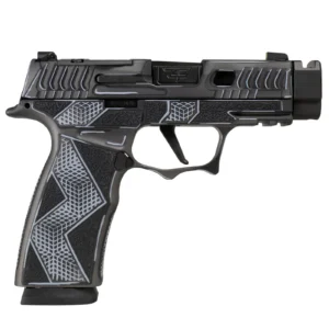 The Anime work applied to a Sig instead of a Glock, in black and grey with white outlining and a heavily engraved grip module. Ported slide and fibre optic front sight.