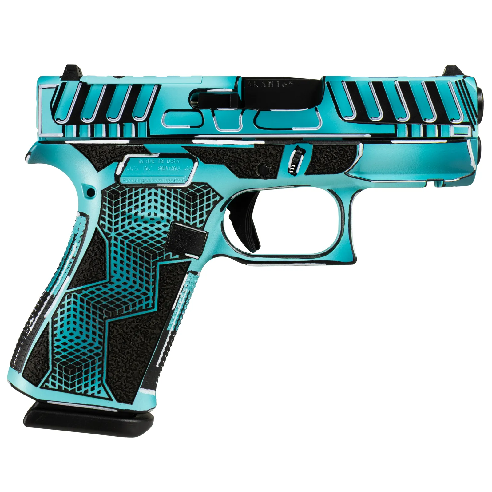 The Anime treatment scaled down to a carry gun. Teal slide and frame, white outline work, and a geometric pattern engraved into the grip rather than stippled on.