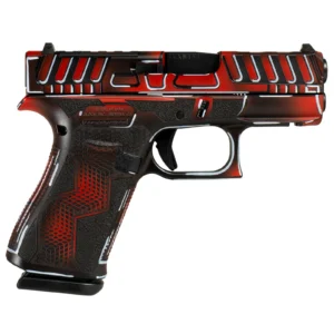Red over black, worn through at the slide edges, with the same engraved cube pattern on the grip as the rest of the Anime pistols. Darker and less loud than the teal.