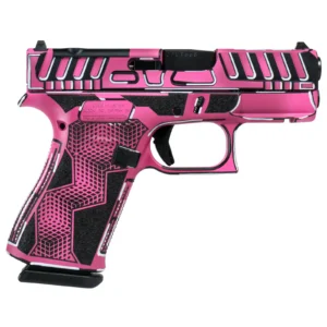 Hot pink and black across slide and frame with white outlining, built on the MOS version so an optic mounts without cutting the slide.