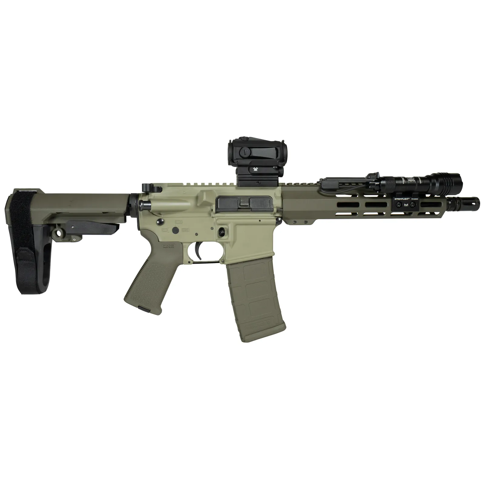 Olive drab head to toe, receiver, handguard, brace and furniture all matched. The quietest build in the bundle line and the one that looks least like a custom gun.