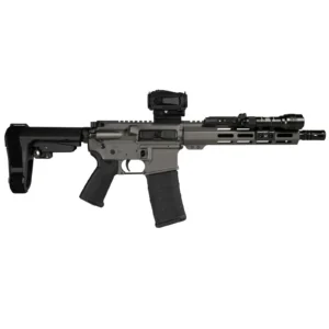 Tungsten grey receiver and handguard with black furniture and brace. The middle ground between the all-black Midnight and the two-tone builds.