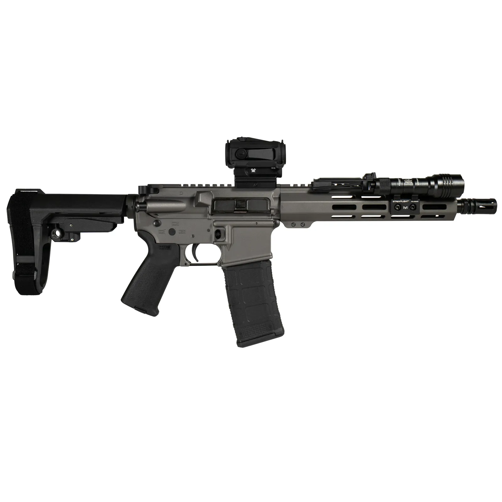 Tungsten grey receiver and handguard with black furniture and brace. The middle ground between the all-black Midnight and the two-tone builds.