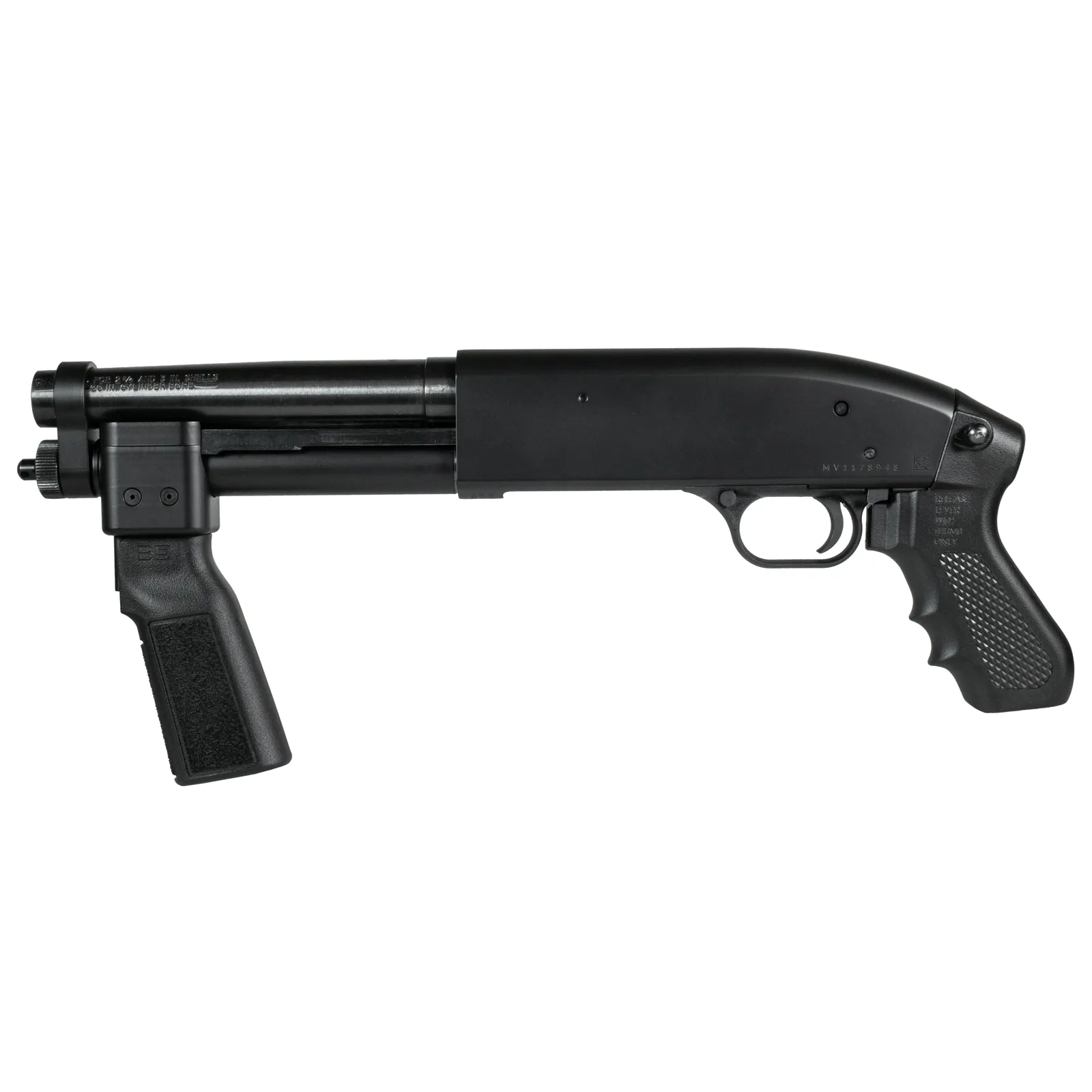 A Maverick 88 pump cut down to AOW length, with a pistol grip at both ends. Registered as an Any Other Weapon, so it transfers on a federal tax stamp.