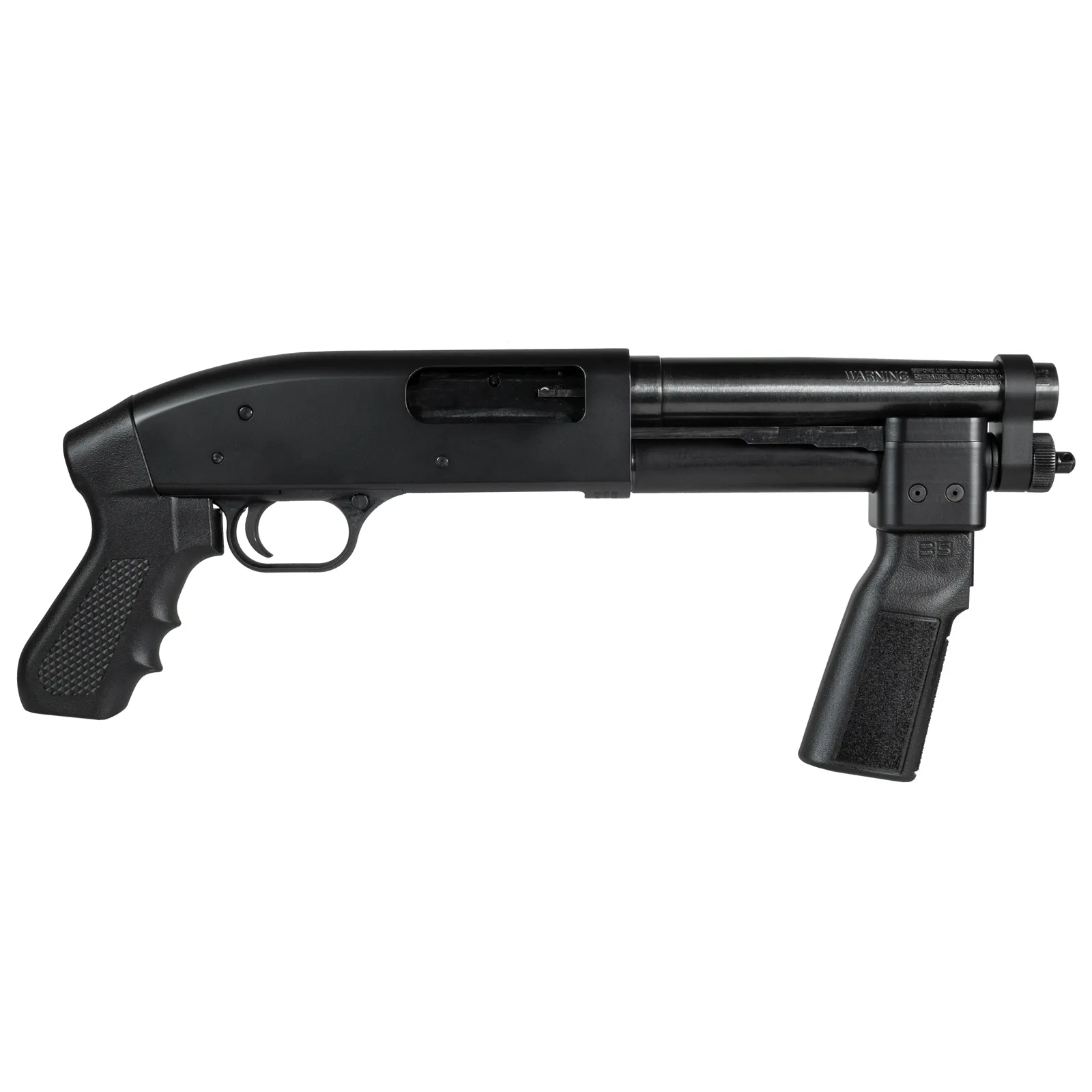 A Maverick 88 pump cut down to AOW length, with a pistol grip at both ends. Registered as an Any Other Weapon, so it transfers on a federal tax stamp.