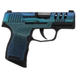 Blue and teal faded across a ported slide, with the hex pattern engraved into the grip module and frame flats. The most heavily engraved pistol in the Bug line.