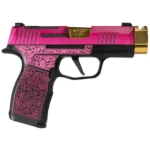 The LadyBug scrollwork on a Sig P365X instead of a Glock, with a brushed pink slide and a gold slide plate. Smaller grip, same engraving depth.