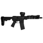 The same bundle build with no colour at all. Black receiver, black handguard, black furniture, with the optic and light already on it.