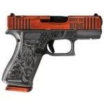A battleworn orange slide reading LIVE TO RIDE over a frame engraved with an eagle, a flag and a motorcycle. Built on the MOS slide so an optic drops straight on.