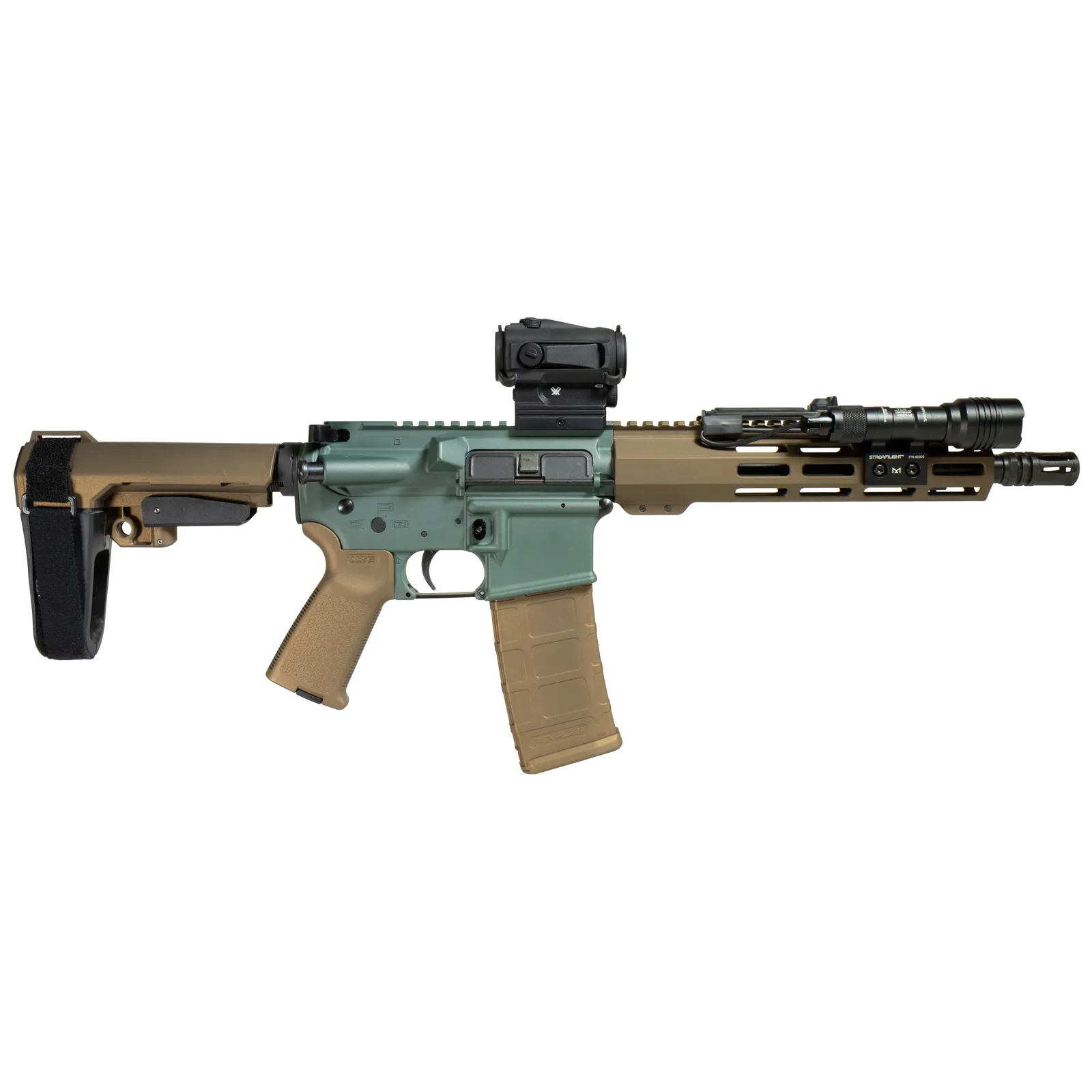 Jade green receiver set against FDE handguard, brace and furniture, with a Vortex red dot and Streamlight weapon light already fitted. Two-tone done deliberately rather than from leftover parts.