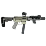 The 9mm version of the Sneeky Pete, built on a dedicated pistol-calibre lower that feeds from stick magazines. The quietest thing in the case.