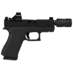 A Glock 43X built as a suppressor host: threaded barrel, suppressor-height sights, a Holosun optic and the can included as a package rather than sourced separately.