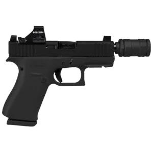 A Glock 43X built as a suppressor host: threaded barrel, suppressor-height sights, a Holosun optic and the can included as a package rather than sourced separately.