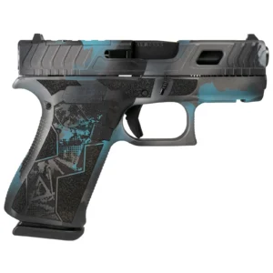 Teal showing through torn grey and black camo, with an angular engraved pattern across the frame. Looks like the finish has been ripped open rather than sprayed on.