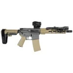 Tungsten grey receiver against an FDE handguard, brace and furniture, with the magazine matched to the tan. The warmer of the two two-tone bundles.