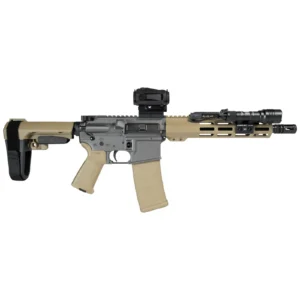 Tungsten grey receiver against an FDE handguard, brace and furniture, with the magazine matched to the tan. The warmer of the two two-tone bundles.