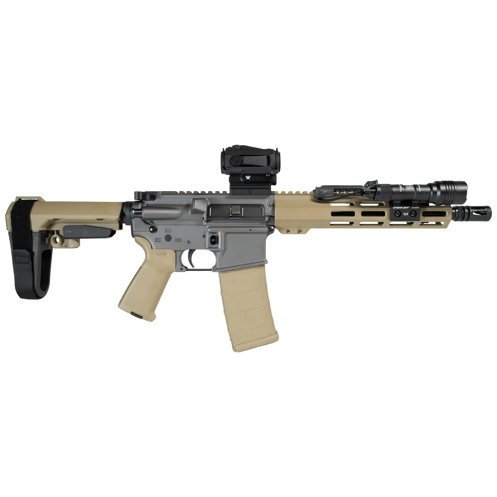 Tungsten grey receiver against an FDE handguard, brace and furniture, with the magazine matched to the tan. The warmer of the two two-tone bundles.